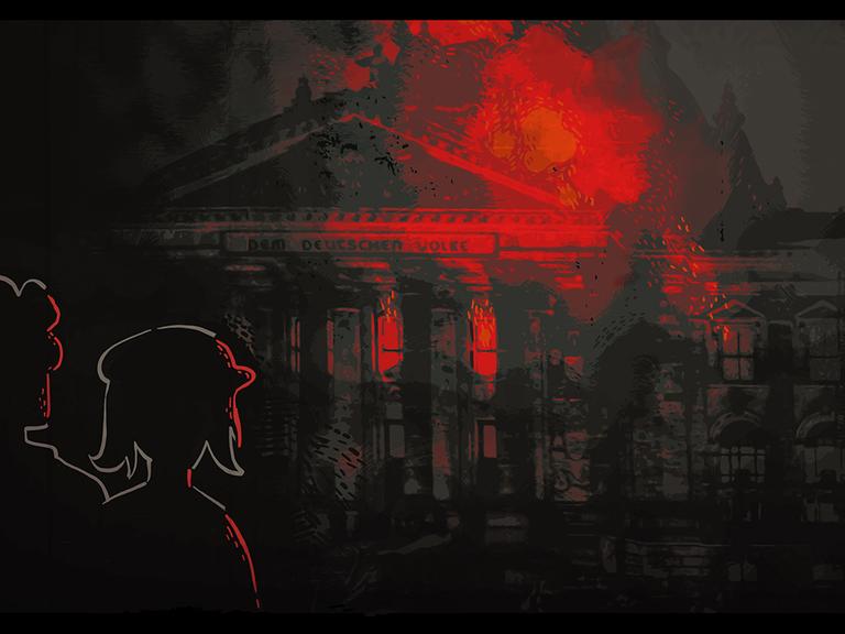 Zwei Personen bobachten den im Hintergrund brennenden Reichstag. Eine Szene aus dem Computerspiel "Through the Darkest of Times".