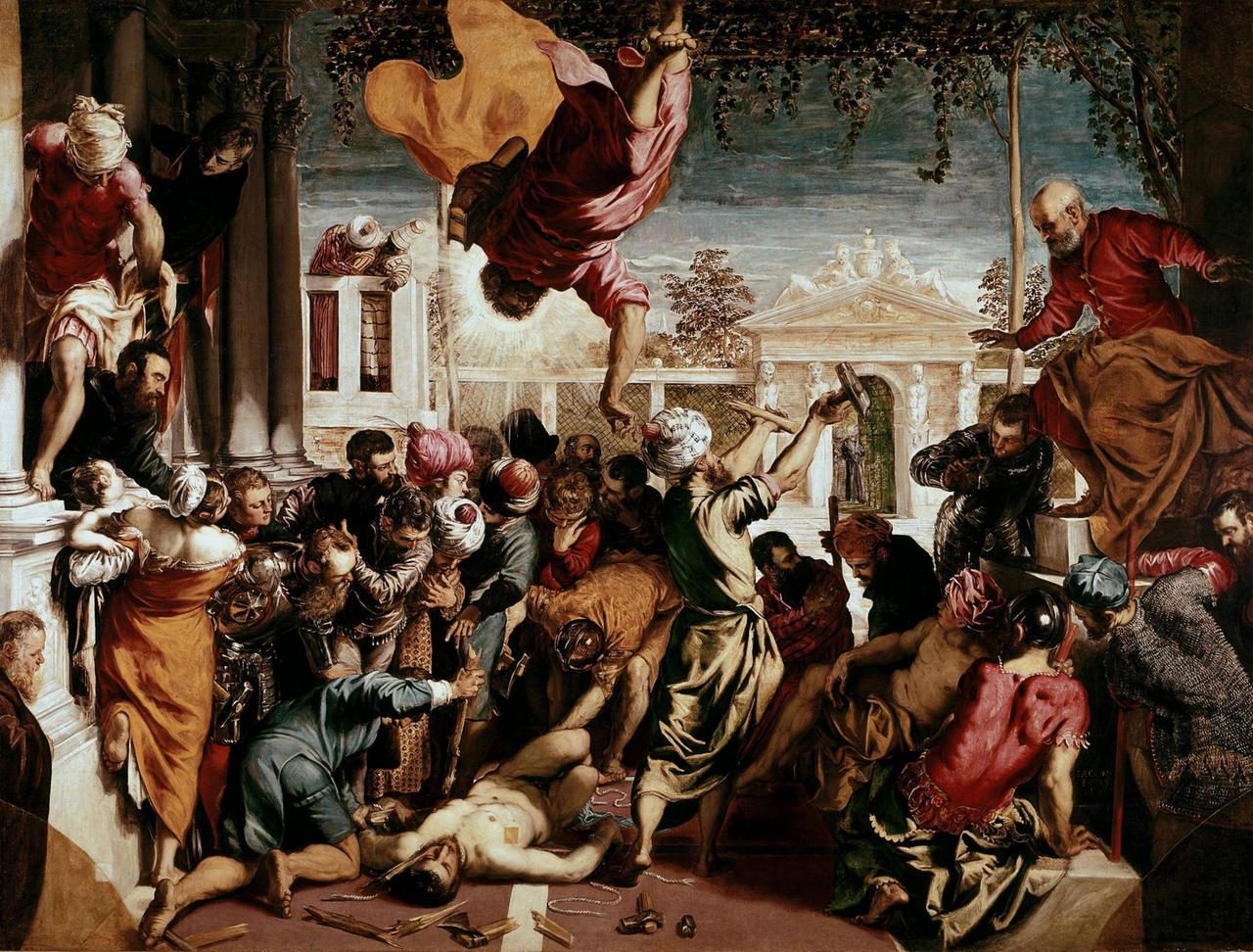 Das Gemälde Tintorettos zeigt, wie der Heilige Markus den Sklaven vor seinen Häschern rettet. Der Heilige wird dabei kopfüber von oben kommend dargestellt.
