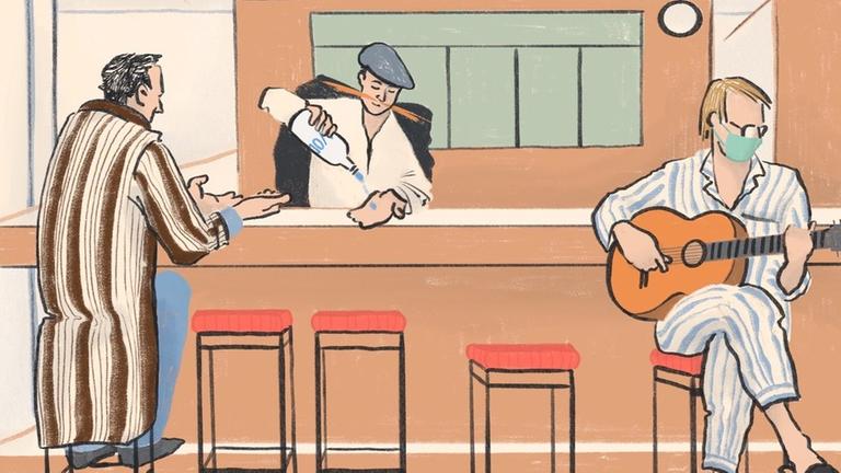 Illustration der Theaterfiguren Onkel Wanja und Astrow. Sie stehen an der Bar in Schlafanzug und Gesichtsmaske. Illustration der Theaterfiguren Onkel Wanja und Astrow. Sie stehen an der Bar in Schlafanzug und Gesichtsmaske.