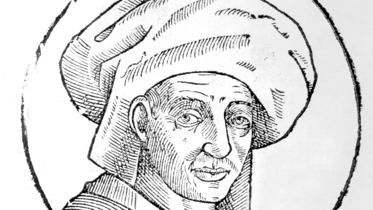 Holzschnitt-Portrait in schwarz-weiss des Komponisten, der einen anschaut, er trägt eine voluminöse Kopfbedeckung aus Stoff