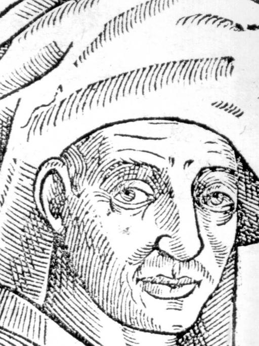 Holzschnitt-Portrait in schwarz-weiss des Komponisten, der einen anschaut, er trägt eine voluminöse Kopfbedeckung aus Stoff