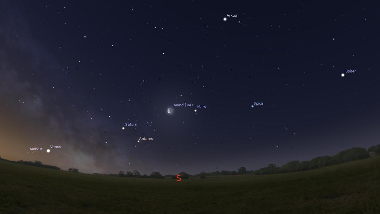 Das komplette Planetensystem für das bloße Auge: Merkur, Venus, Saturn, Mond, Mars und Jupiter in der Morgendämmerung Das komplette Planetensystem für das bloße Auge: Merkur, Venus, Saturn, Mond, Mars und Jupiter in der Morgendämmerung