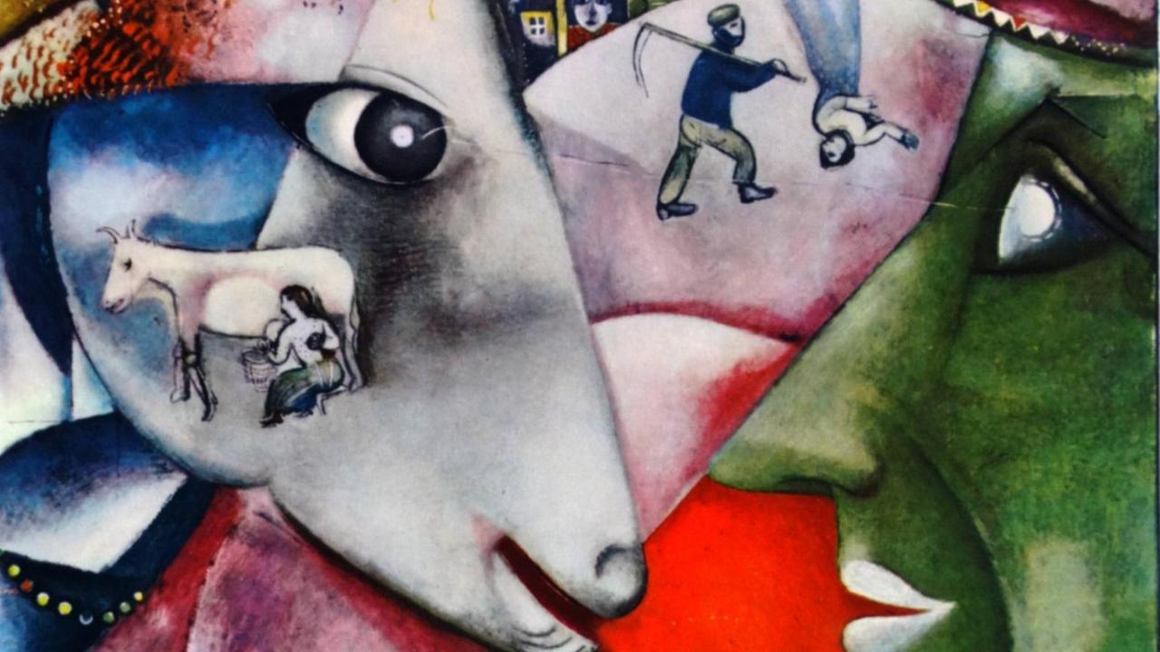 I and the Village, 1911, by Marc Chagall. The work contains many soft, dreamlike images overlapping one another in a continuous space. In the foreground, a cap-wearing green-faced man stares at a goat or sheep with the image of a smaller goat being milked on its cheek. Marc Zakharovich Chagall (1887  1985) Russian-French artist. WHA PUBLICATIONxINxGERxSUIxAUTxONLY Copyright: WHA Marc Chagall 1887  1985 Russian French Artist Wha Regard date estimated Copyright Wha UnitedArchivesWHA_078_0938