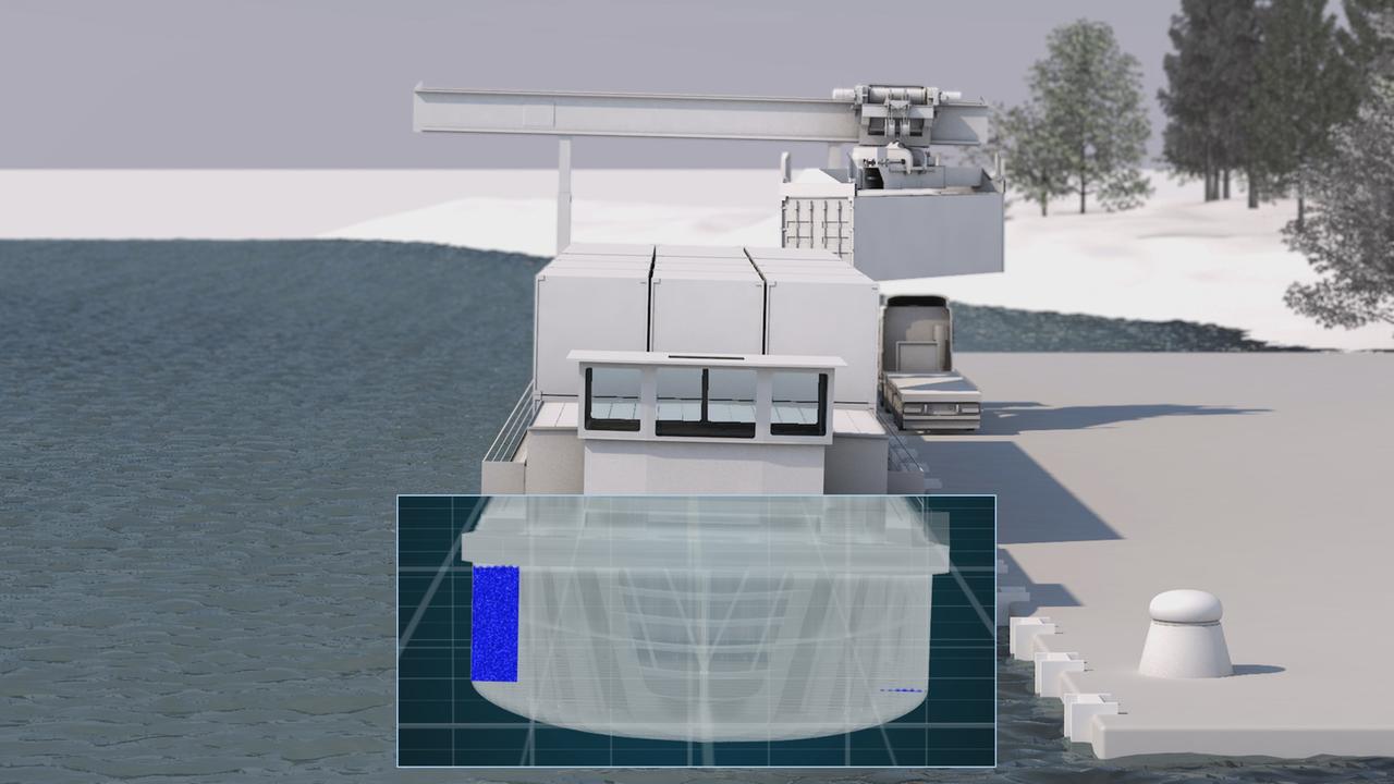 Selbst be- und entladendes Leichtbau-Binnenschiff "Watertruck" (Illustration) Selbst be- und entladendes Leichtbau-Binnenschiff "Watertruck" (Illustration)