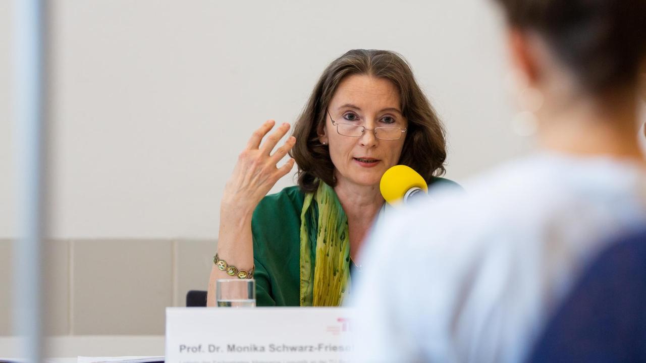 Prof. Dr. Monika Schwarz-Friesel sitzt vor einem Mikrofon und spricht.
