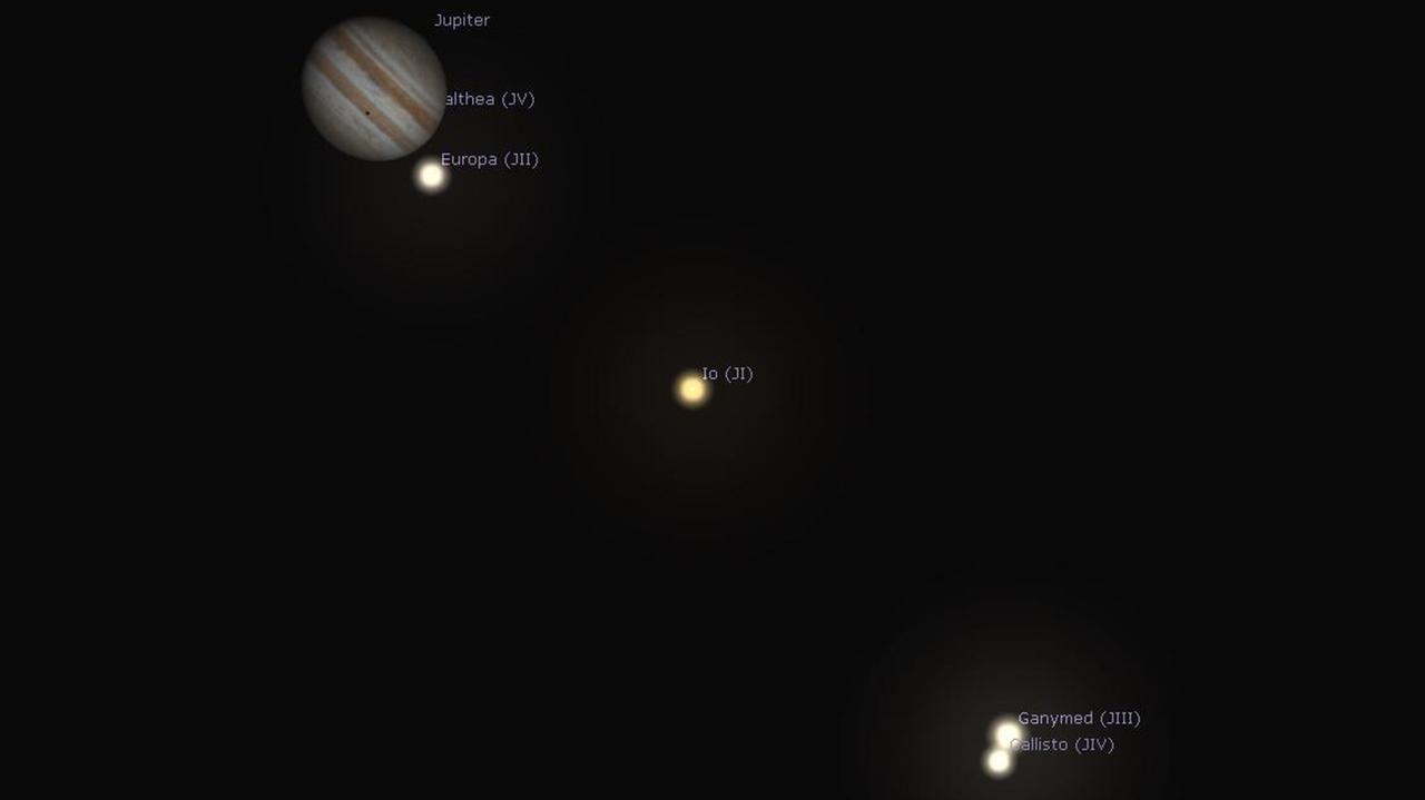 Zumindest zwei Lichtpunkte hätten am 24.04.1610 neben Jupiter zu erkennen sein müssen: die Monde Ganymed und Kallisto verschmolzen zu einem Punkt und der Mond Io