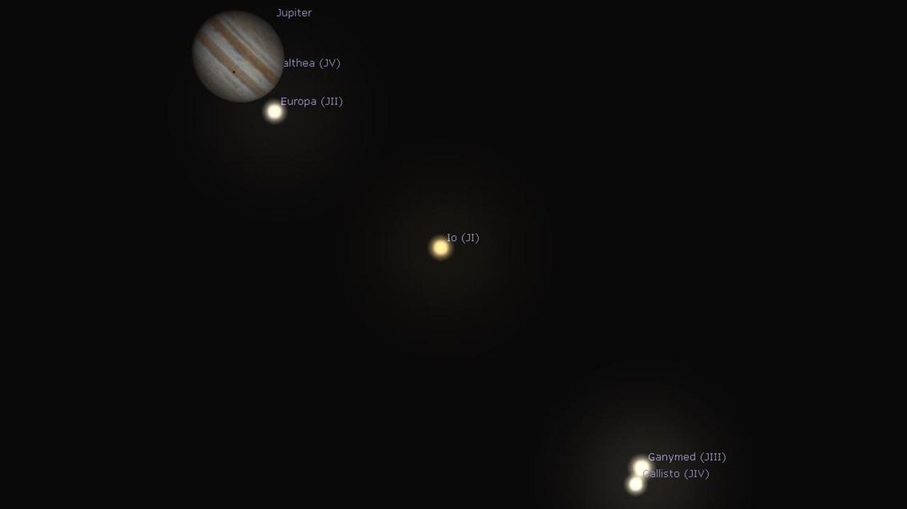 Zumindest zwei Lichtpunkte hätten am 24.04.1610 neben Jupiter zu erkennen sein müssen: die Monde Ganymed und Kallisto verschmolzen zu einem Punkt und der Mond Io Zumindest zwei Lichtpunkte hätten am 24.04.1610 neben Jupiter zu erkennen sein müssen: die Monde Ganymed und Kallisto verschmolzen zu einem Punkt und der Mond Io