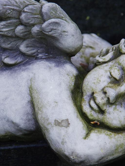 Ein Engel liegt auf einem Grab auf dem Hauptfriedhof in Frankfurt am Main, aufgenommen am 17.04.2009.