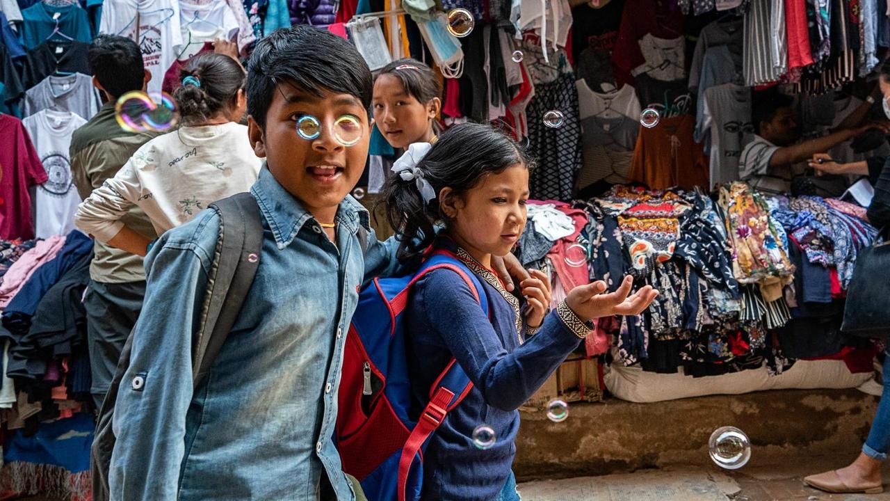 Nepali children on their way to the school, Boudha, Kathmandu Nepal 2018 Nepali children on their way to the school, Boudha, Kathmandu Nepal 2018
