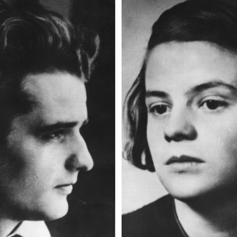 Hans und Sophie Scholl, Gründer bzw. Mitglied der Widerstandsgruppe "Weiße Rose" an der Münchner Universität, wurden nach einer Flugblattaktion gegen die Herrschaft des NS-Regimes am 18.2.1943 verhaftet, vom Volksgerichtshof zum Tode verurteilt und am 22.2.1943 in München-Stadelheim hingerichtet. 