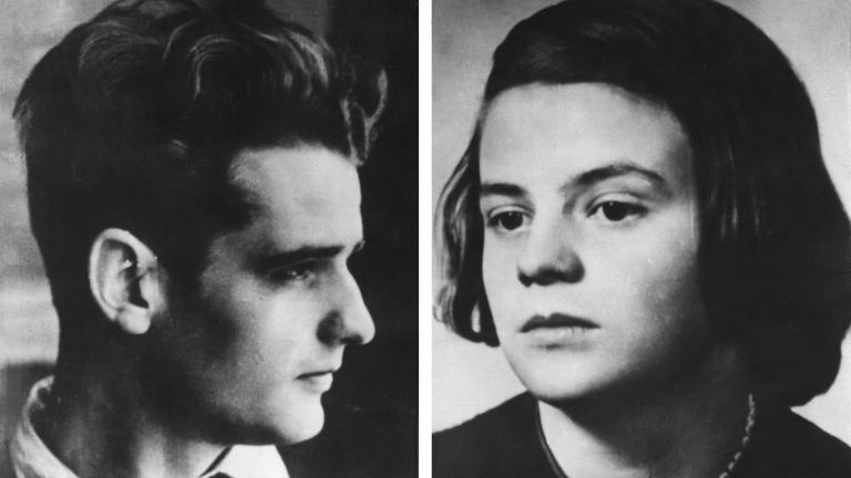 Hans und Sophie Scholl, Gründer bzw. Mitglied der Widerstandsgruppe "Weiße Rose" an der Münchner Universität, wurden nach einer Flugblattaktion gegen die Herrschaft des NS-Regimes am 18.2.1943 verhaftet, vom Volksgerichtshof zum Tode verurteilt und am 22.2.1943 in München-Stadelheim hingerichtet. 