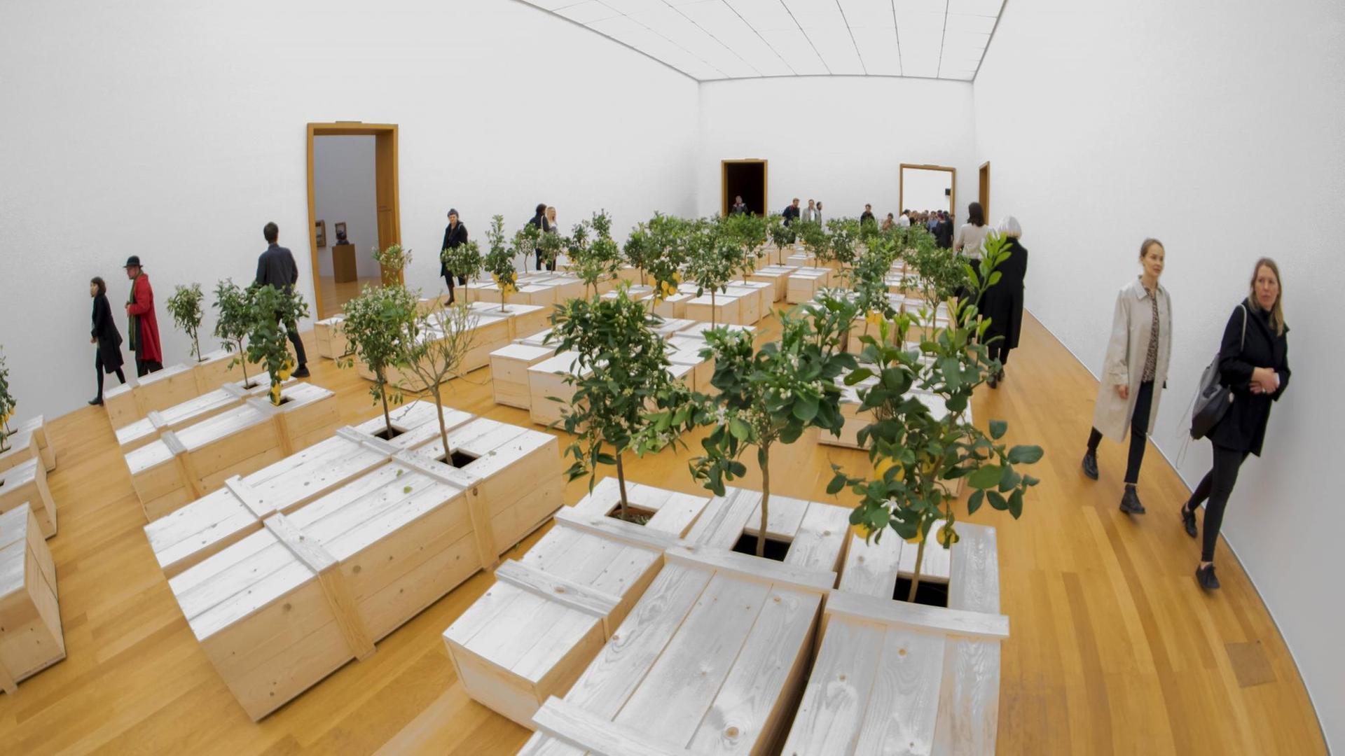 Ein Ausstellungsraum gefüllt mit Menschen und mit Zitronenbäumen die aus Holzkisten wachsen. Ein Ausstellungsraum gefüllt mit Menschen und mit Zitronenbäumen die aus Holzkisten wachsen.