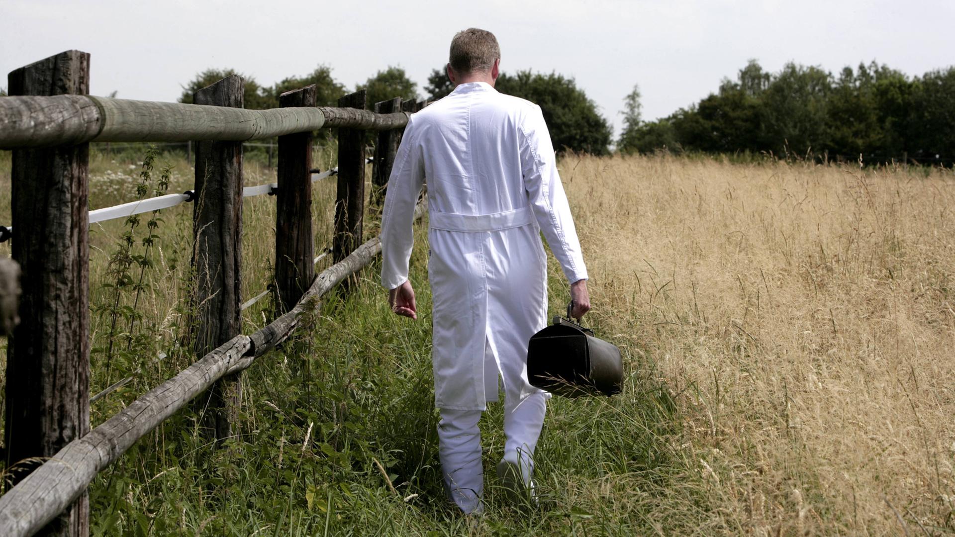 Ein Landarzt im weißen Kittel mit Ledertasche geht zwischen einem Pferdegatter und einem Kornfeld. Ein Landarzt im weißen Kittel mit Ledertasche geht zwischen einem Pferdegatter und einem Kornfeld.