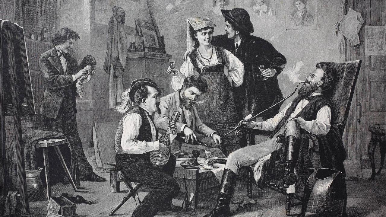 Historische Illustration in Schwarz-Weiß von 1880 aus Österreich: Eine Familie nach der Arbeit, mit Hausmusik, Wein- und Tabakpfeife.