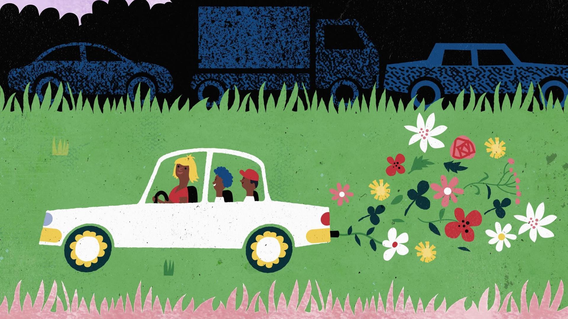 Illustration einer Familie, die ein umweltfreundliches Auto fährt, während im Hintergrund dunkle Autos zu sehen sind. Illustration einer Familie, die ein umweltfreundliches Auto fährt, während im Hintergrund dunkle Autos zu sehen sind.