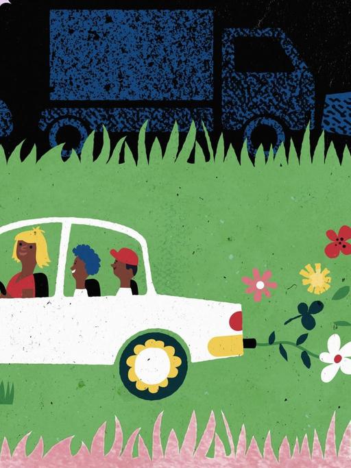 Illustration einer Familie, die ein umweltfreundliches Auto fährt, während im Hintergrund dunkle Autos zu sehen sind.