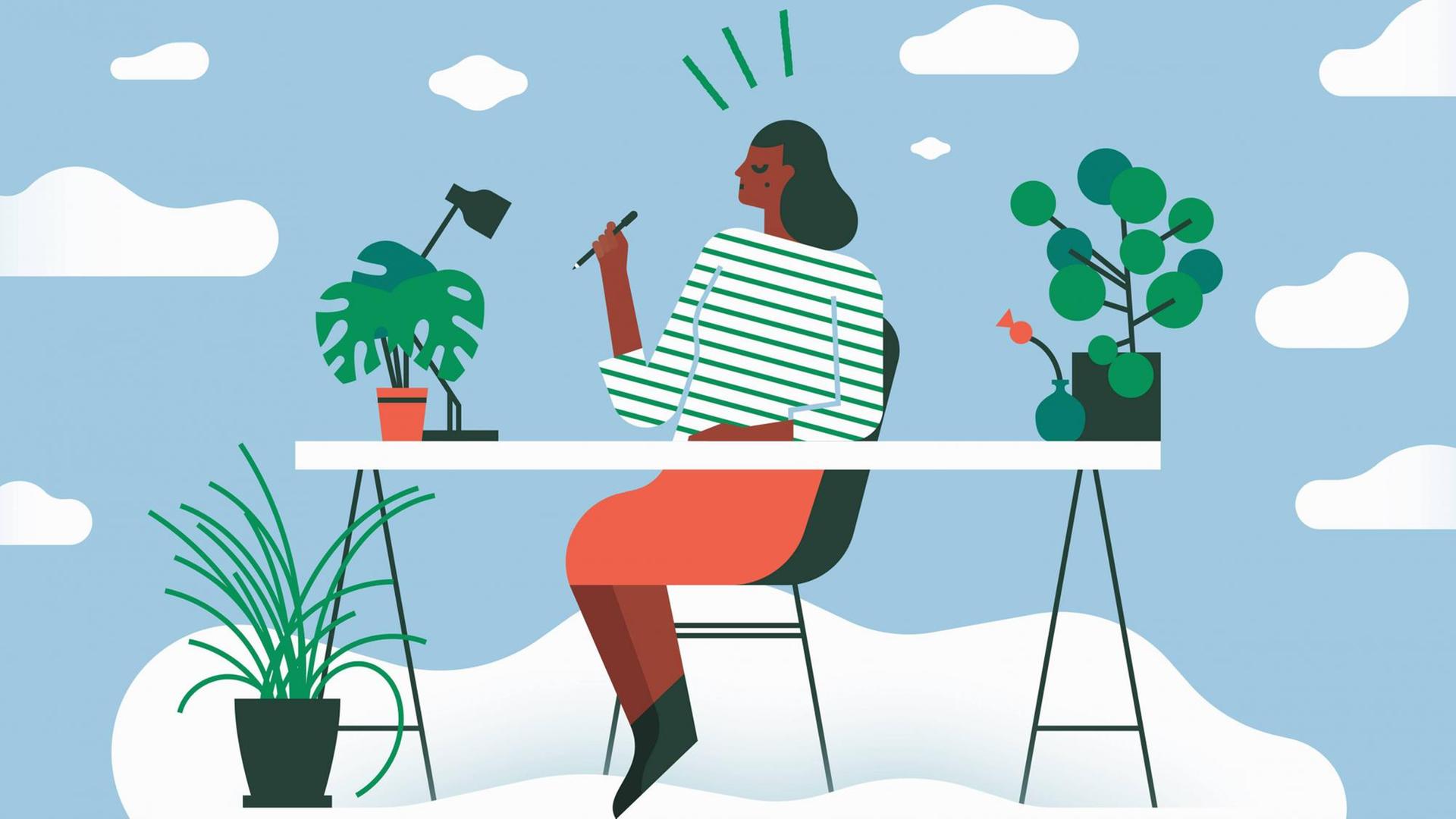 Eine Frau sitzt an einem aufgeräumten Schreibtisch (Illustration). Eine Frau sitzt an einem aufgeräumten Schreibtisch (Illustration).