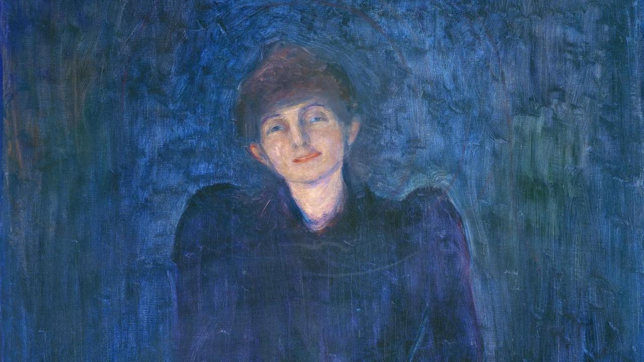 Gemälde einer Frau in blauem Kleid, vor blauem Hintergrund Gemälde einer Frau in blauem Kleid, vor blauem Hintergrund