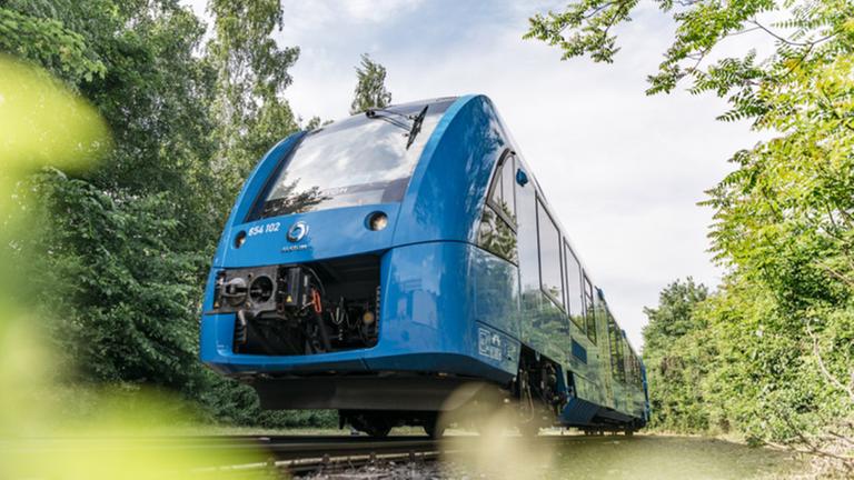 Der blaue Coradia iLint fährt durch einen Wald. Der blaue Coradia iLint fährt durch einen Wald.