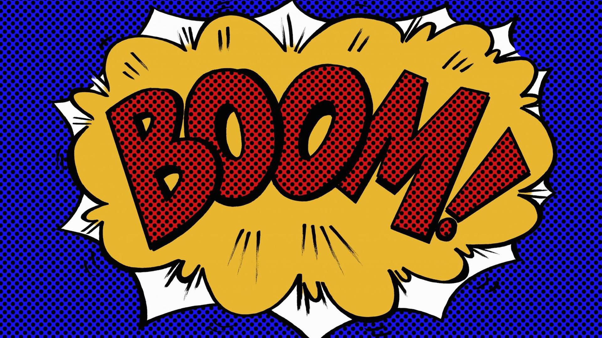 Eine gezeichnete Comicblase zeigt das wort "Boom" Eine gezeichnete Comicblase zeigt das wort "Boom"