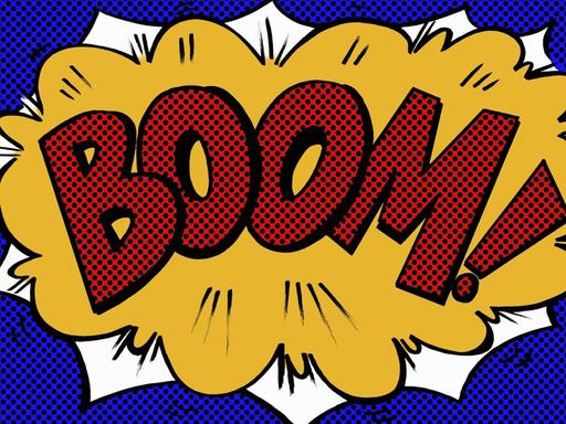 Eine gezeichnete Comicblase zeigt das wort "Boom"