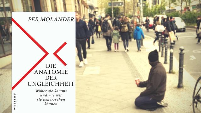 Vordergrund: Buchcover von Per Molanders "Die Anatomie der Ungleichheit". Hintergrund: Ein Mann kniet auf einem belebten Bürgersteig und bettelt.