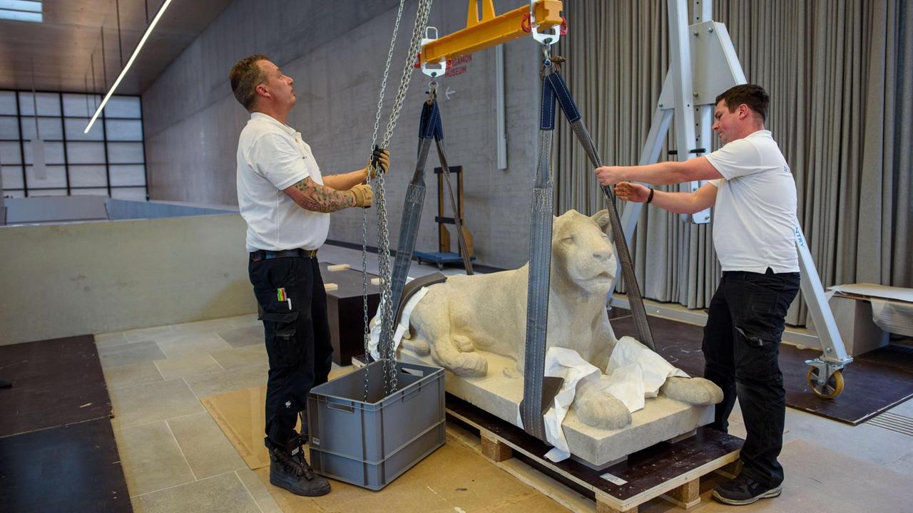 Die Skulptur "Liegender Löwe" wird mithilfe eines Krans auf einen Sockel gehoben.
