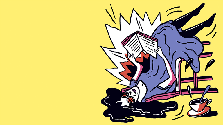 Die Illustration zeigt eine auf einem umgestürzten Stuhl sitzende Frau mit einem Buch in der Hand. Die Illustration zeigt eine auf einem umgestürzten Stuhl sitzende Frau mit einem Buch in der Hand.