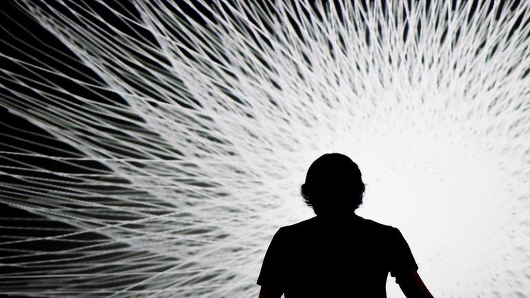 Silhouette einer Person von hinten die vor einer Lichtprojektion steht, die sich strahlenförmig auffächert. Silhouette einer Person von hinten die vor einer Lichtprojektion steht, die sich strahlenförmig auffächert.