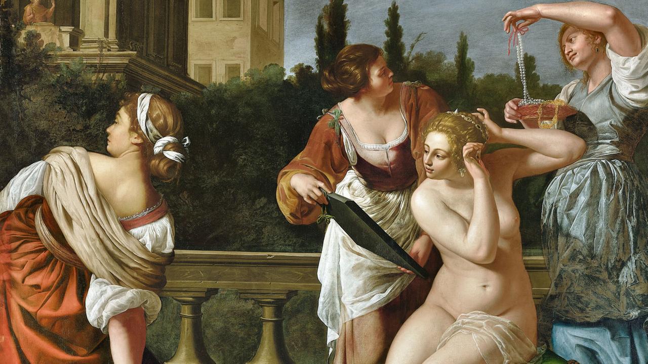 Eine nackte Frau wird von ihren drei Dienerinnen angekleidet. Eine nackte Frau wird von ihren drei Dienerinnen angekleidet.