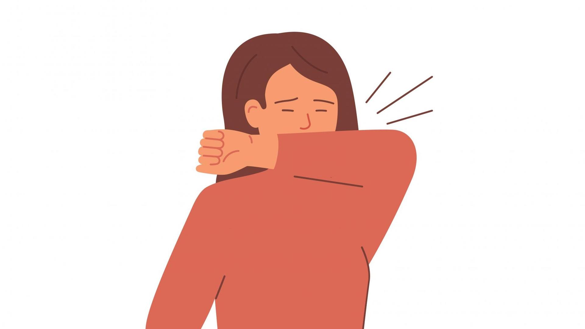 Illustration einer Frau, die in die Armbeuge hustet. Illustration einer Frau, die in die Armbeuge hustet.