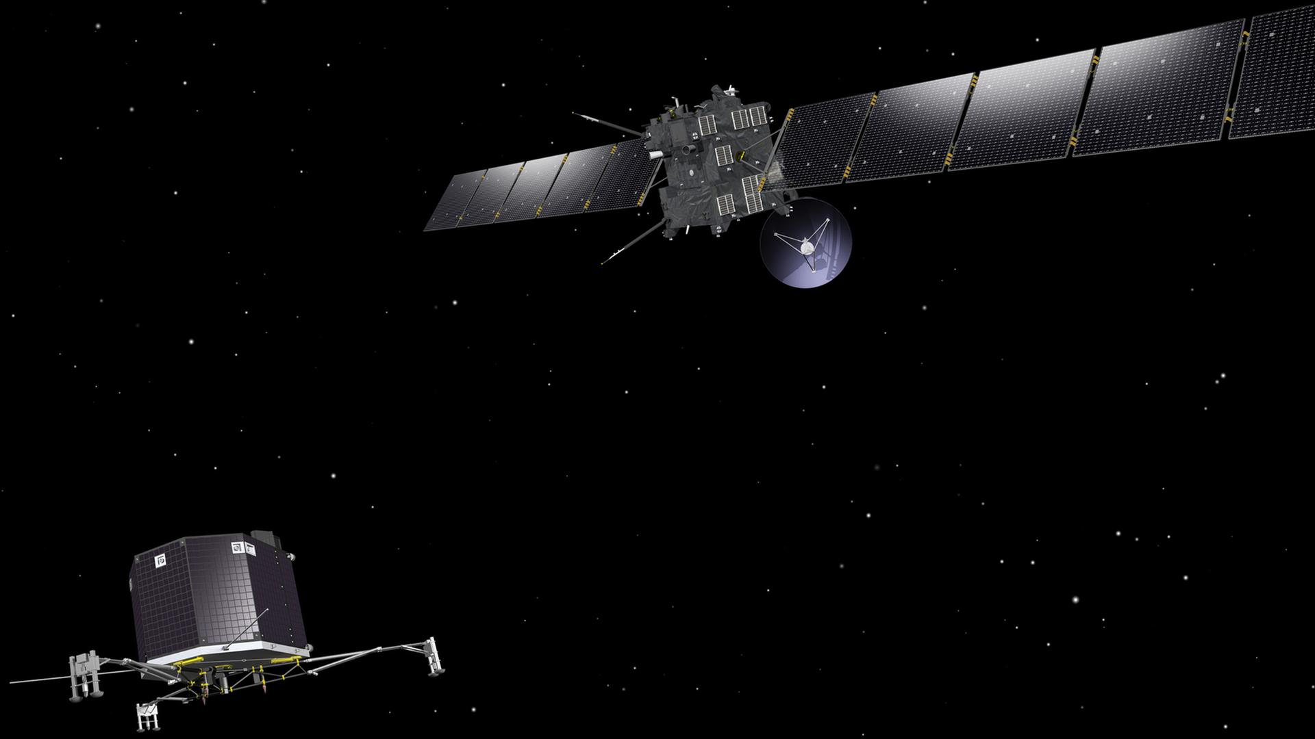 Die Raumsonde Rosetta und der Lander Philae schweben über der Kometenoberfläche von 67P. Künstlerische Darstellung eines Illustrators. Die Raumsonde Rosetta und der Lander Philae schweben über der Kometenoberfläche von 67P. Künstlerische Darstellung eines Illustrators.