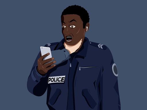 Die Illustration zeigt einen schwarzen französischen Polizisten, der entsetzt auf sein Smartphone schaut, aus dem eine weiße Hand hervorkommt, die ihn würgt.