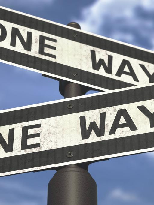Zwei Schilder mit der Aufschrift "One Way" zeigen in entgegengesetzte Richtungen