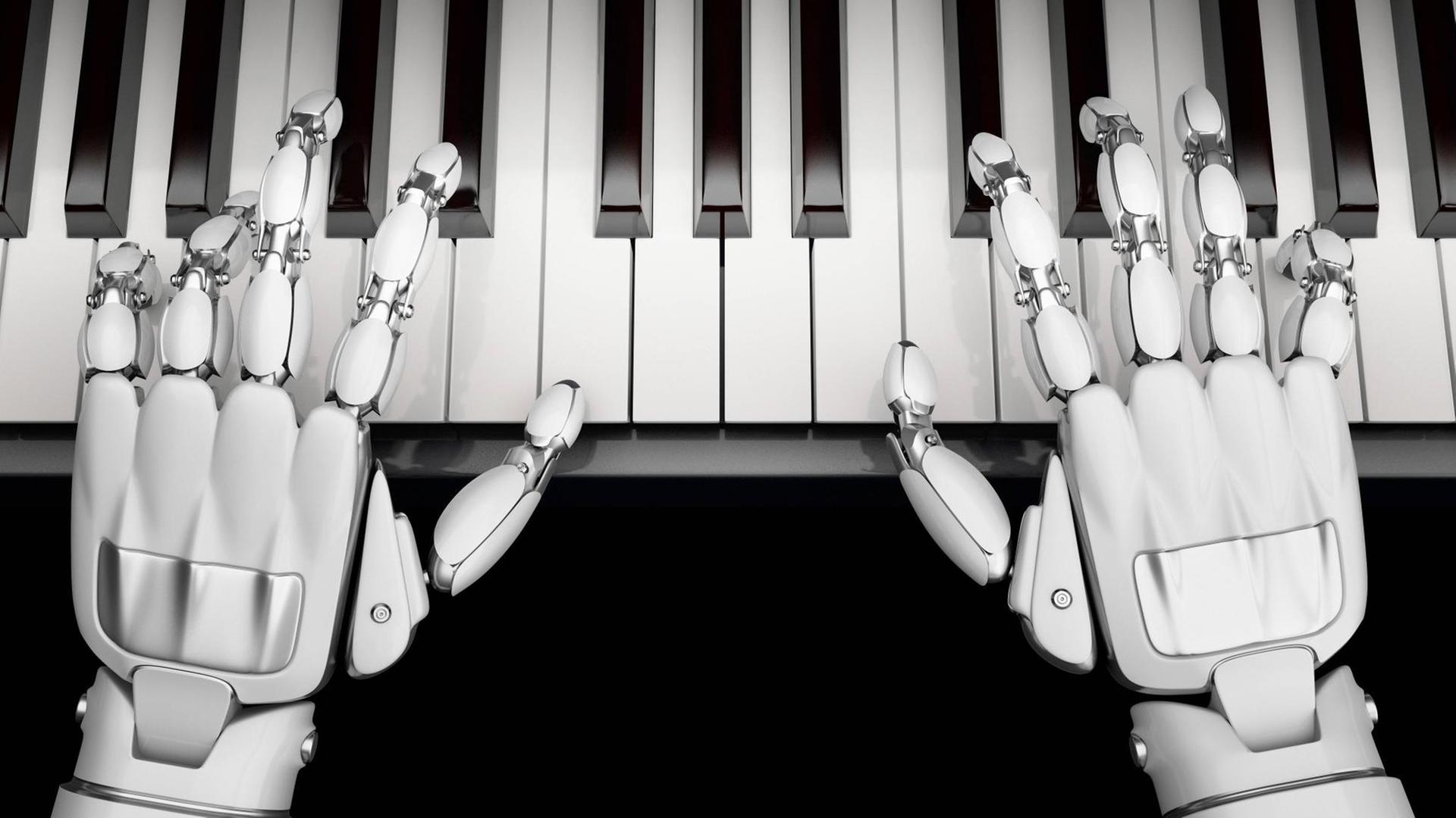 Roboterhände auf einer Klaviertastatur. Roboterhände auf einer Klaviertastatur.
