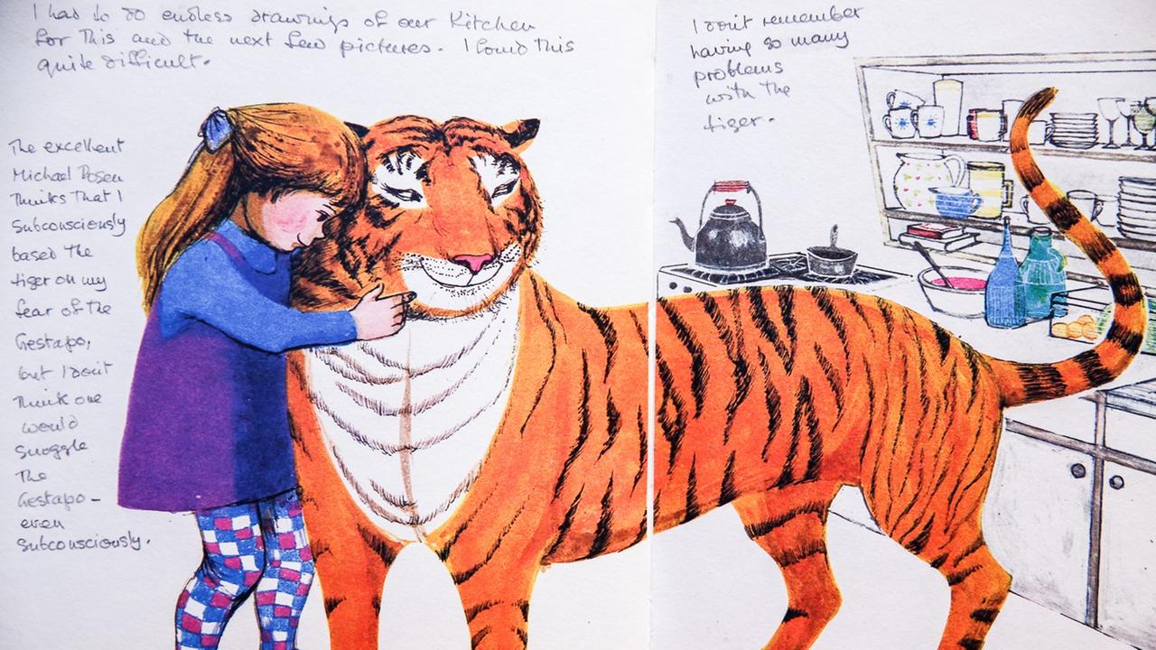 Eine Illustration aus Judith Kerrs "Ein Tiger kommt zum Tee" mit Anmerkungen der Zeichnerin, ausgestellt auf einer Wohltätigkeits-Auktion bei Sotheby's in London