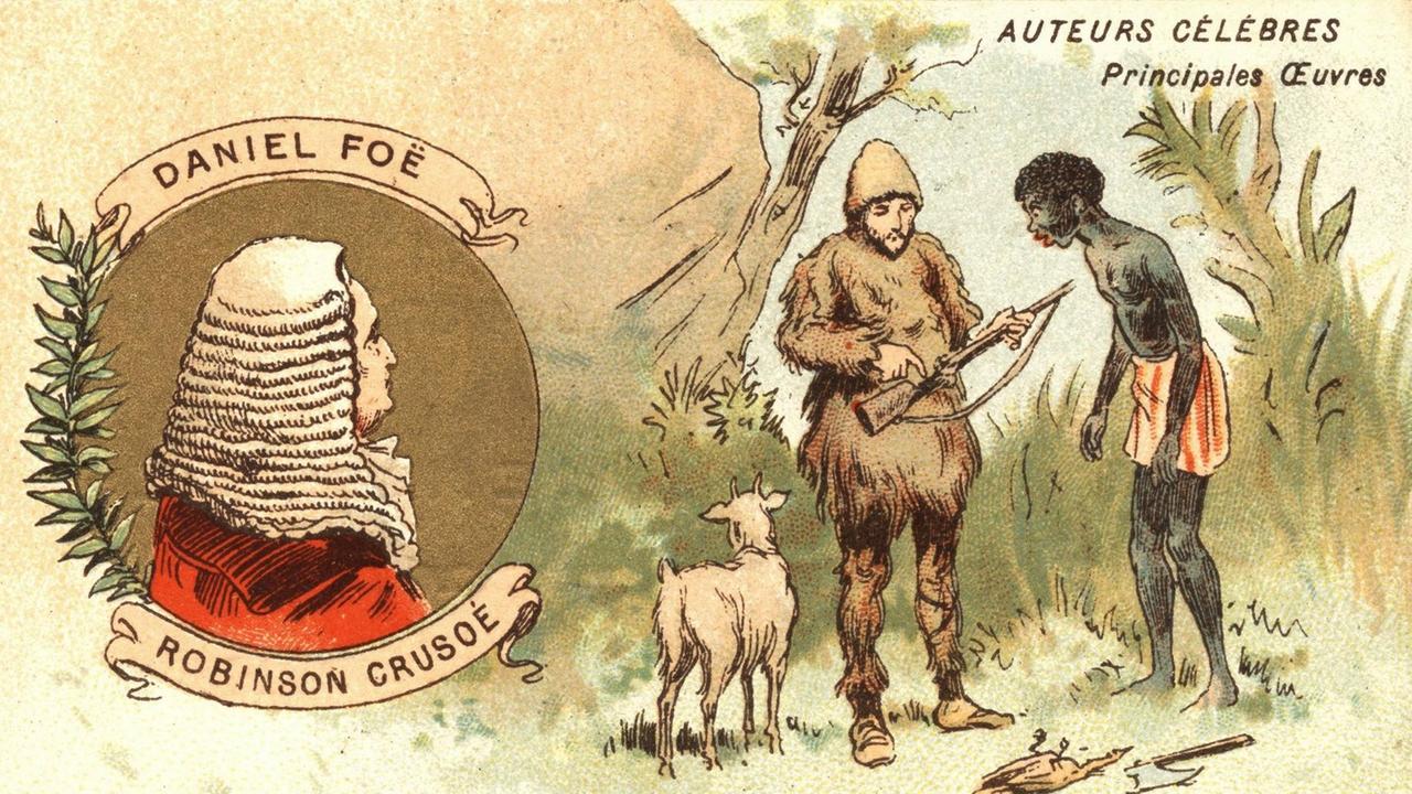 Ein undatiertes Sammelbild: Robinson Crusoe weiht Freitag in den Gebrauch von Feuerwaffen ein. Ein undatiertes Sammelbild: Robinson Crusoe weiht Freitag in den Gebrauch von Feuerwaffen ein.