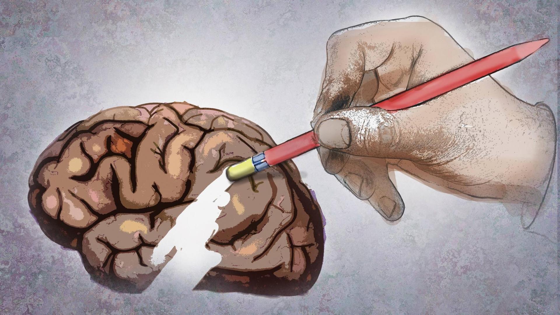 Graphische Darstellung von Demenz. Eine Hand hält einen Stift mit einem Radiergummi. Damit radiert sie einen Teil des Gehirns weg.