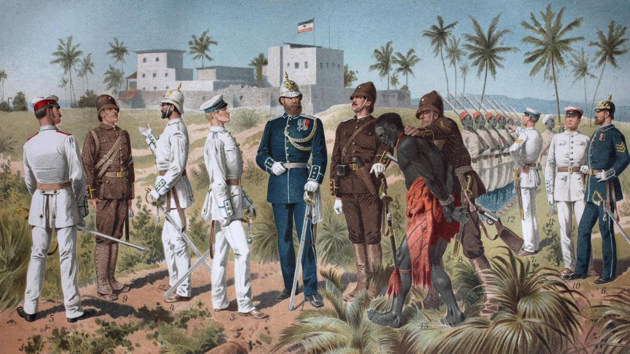 Verschiedene Uniformen der Schutztruppe, koloniale Truppen in den afrikanischen Gebieten des Deutschen Kolonialreichs vom Ende des 19. Jahrhunderts bis 1918 Verschiedene Uniformen der Schutztruppe, koloniale Truppen in den afrikanischen Gebieten des Deutschen Kolonialreichs vom Ende des 19. Jahrhunderts bis 1918