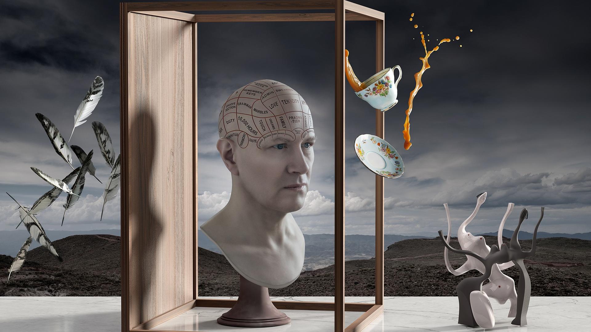 Das surrealistische Bild zeigt eine unter einem umgekippten Tisch stehende Büste mit dem Kopf eines Mannes, der eine in der Luft schwebende Tasse ansieht. Auf seinem kahlen Kopf ist ein Netz aus Linien und englischen Begriffen zu sehen, darunter Worte wie "Love", "Family" und "Tenacity". Das surrealistische Bild zeigt eine unter einem umgekippten Tisch stehende Büste mit dem Kopf eines Mannes, der eine in der Luft schwebende Tasse ansieht. Auf seinem kahlen Kopf ist ein Netz aus Linien und englischen Begriffen zu sehen, darunter Worte wie "Love", "Family" und "Tenacity".