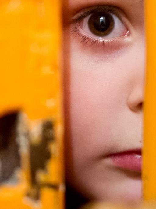 Ein junges Mädchen schaut am 24.01.2014 in Berlin durch einen Türschlitz.