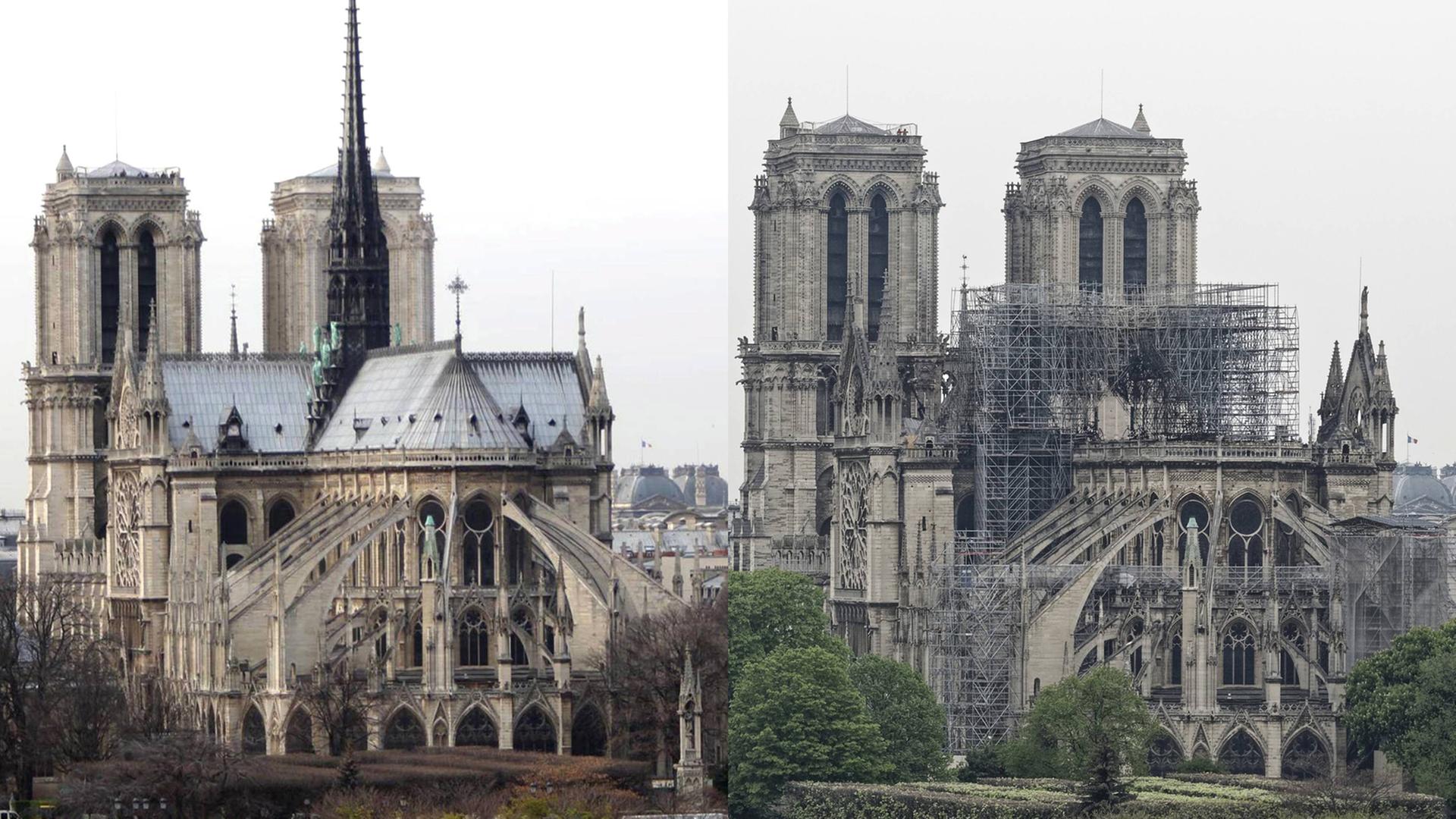 Blick auf das Baugerüst von Notre Dame - vor und nach dem Brand Blick auf das Baugerüst von Notre Dame - vor und nach dem Brand