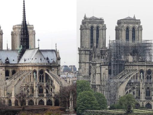 Blick auf das Baugerüst von Notre Dame - vor und nach dem Brand