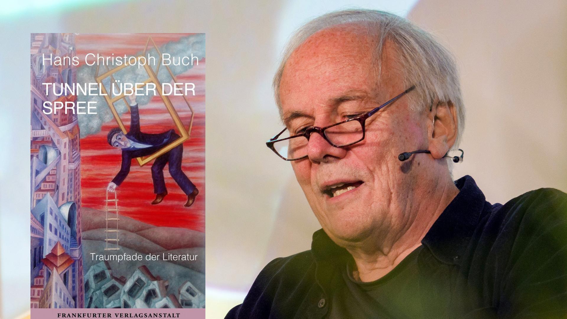 Cover "Tunnel über der Spree" von Hans Christoph Buch. Daneben ist der Autor bei einer Lesung zu sehen. Cover "Tunnel über der Spree" von Hans Christoph Buch. Daneben ist der Autor bei einer Lesung zu sehen.