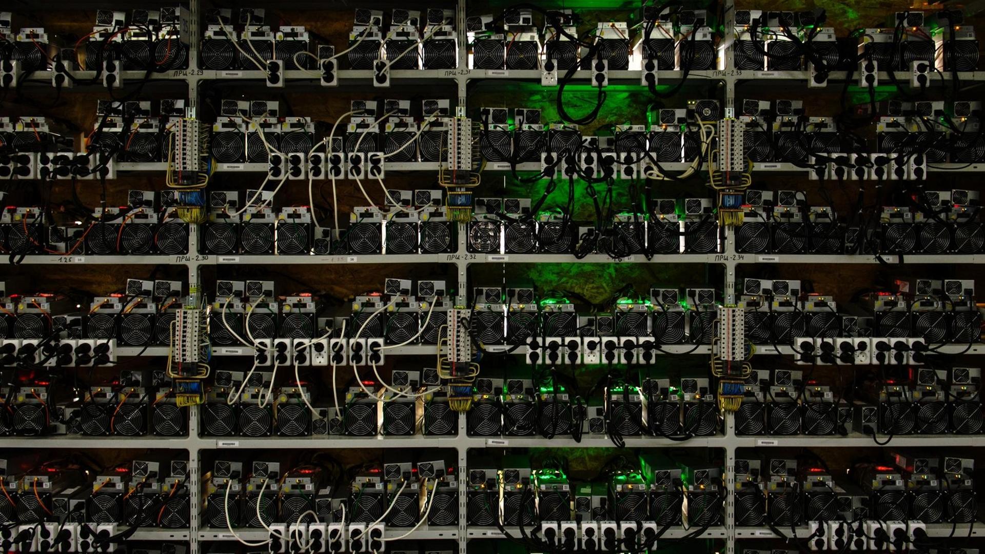 Ein mit Computern und Steckdosen vollgepacktes Regal ("Rack") in einer Bitcoin-Mining-Farm in Russland