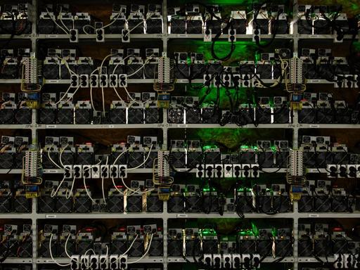 Ein mit Computern und Steckdosen vollgepacktes Regal ("Rack") in einer Bitcoin-Mining-Farm in Russland