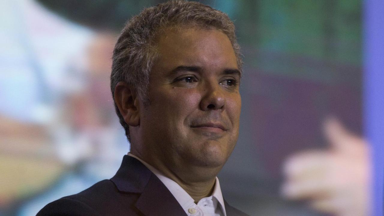 Kolumbiens neuer Präsident Ivan Duque bei einer Ansprache nach seinem Wahlsieg in der zweiten Runde der Präsidentschaftswahlen am 17. Juni 2018. Kolumbiens neuer Präsident Ivan Duque bei einer Ansprache nach seinem Wahlsieg in der zweiten Runde der Präsidentschaftswahlen am 17. Juni 2018.