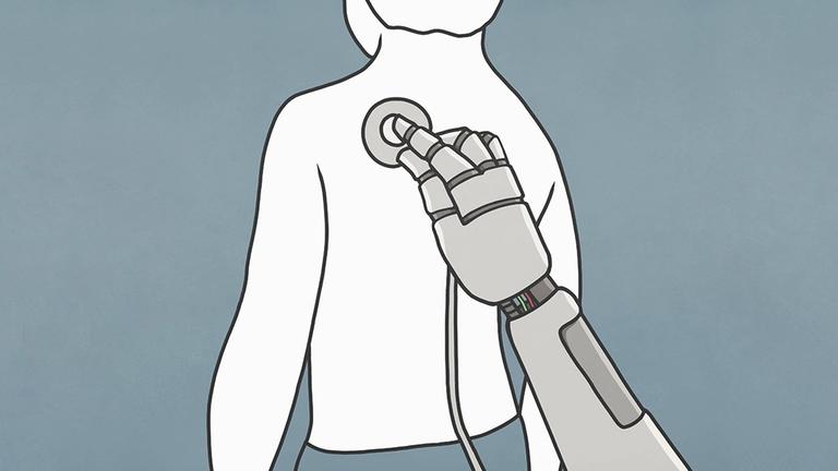 Illustration: Roboterarm untersucht mit einem Stethoskop den Rücken eines Mannes. Illustration: Roboterarm untersucht mit einem Stethoskop den Rücken eines Mannes.