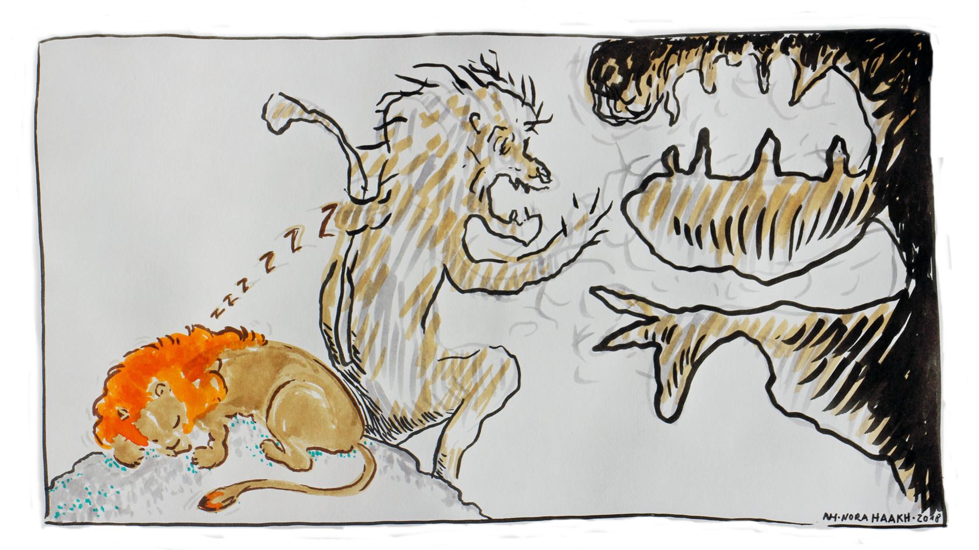Zeichung von Nora Haakh für die Serie "Philosophisches Bestiarium"/Sein und Streit - Löwe Zeichung von Nora Haakh für die Serie "Philosophisches Bestiarium"/Sein und Streit - Löwe