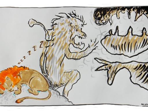 Zeichung von Nora Haakh für die Serie "Philosophisches Bestiarium"/Sein und Streit - Löwe